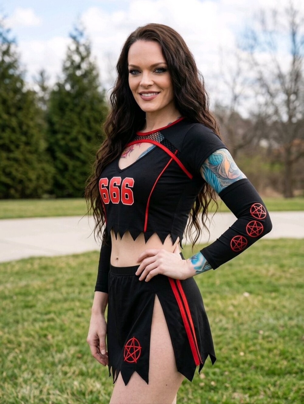 Trickz N’ Treatz ✦ Go Devils Cheer Set ✦ 666 Crop Top Fishnet Shrug Skirt NWT